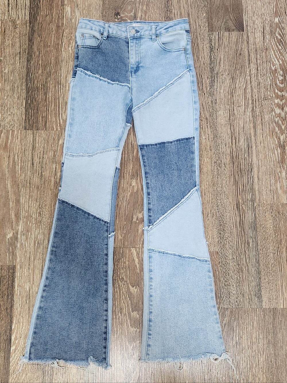 Girls Tractr Patchwork Two-Tone Blue Flare Jeans Size 10